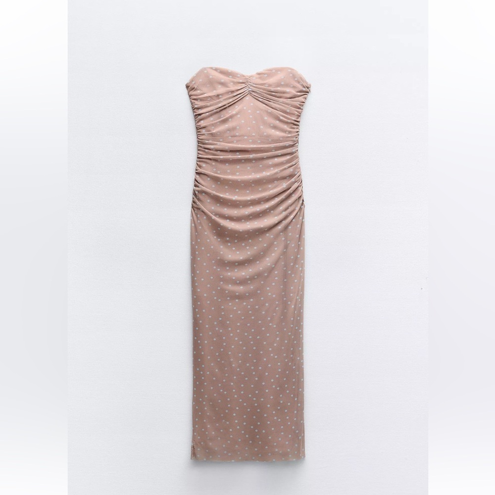 Zara Strapless Polka Dot Dress in Tan